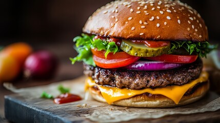 A juicy beef burger and some crispy french fries sit on a wooden table, against a dark background. 