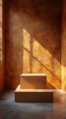 Wall Mural - An empty cardboard riser showcases a minimalist design in a warm, well-lit room with textured walls.