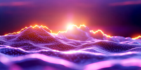 Wall Mural - vibrant digital landscape featuring glowing waves and a luminous sunrise. perfect for futuristic and