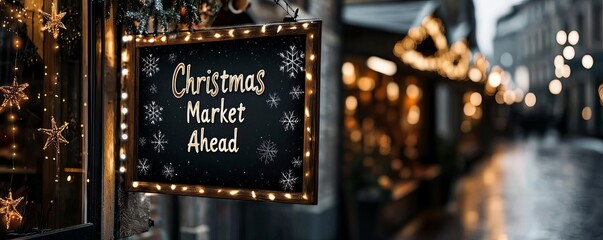 A festive Christmas market sign illuminated with lights, inviting visitors to explore seasonal delights and holiday cheer.