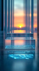 Wall Mural - An elegant glass showcase platform positioned against a stunning sunset reflection, ideal for marketplace displays.