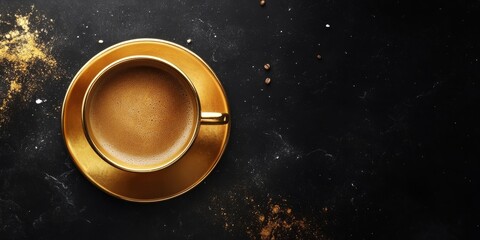 An aerial view of a lavish golden coffee cup filled with rich coffee, set against a dark background, emphasizes an indulgent coffee experience that invites relaxation and enjoyment