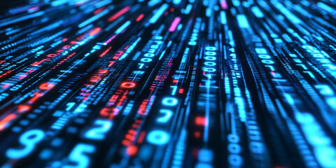 Blue binary code background with glowing lights and data flowing, technology concept	