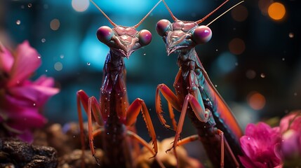 Two praying mantises interacting on a colorful background.