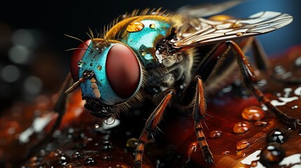 Wall Mural - Up-close portrait of a vibrant fly with detailed eyes