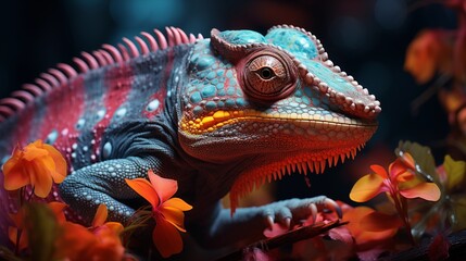 Wall Mural - Vibrant panther chameleon in a colorful lighted background.