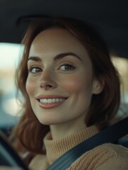 Wall Mural - Young woman smiling in a car during a sunny afternoon drive