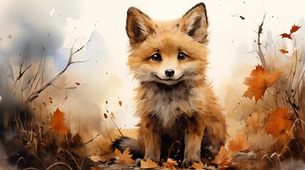 Wall Mural - watercolor illustration children book style of a fox sitting on nature trail in autumn season