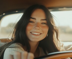 Wall Mural - A young woman smiles while driving through a sunny landscape