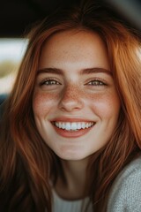 Wall Mural - Cheerful young woman with freckles smiling warmly indoors during daytime