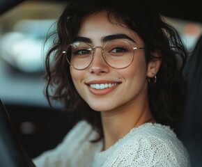 Wall Mural - Smiling young woman with curly hair wearing glasses in car interior