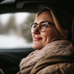 Wall Mural - Woman in a car smiling warmly while wearing a cozy scarf on a winter day