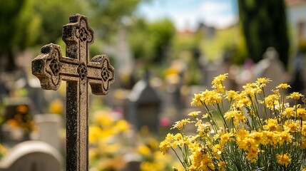 Madrid, Spain; 6th June 2021: Crosses in the foreground and tombstones in the background of the old cemetery of San Isidro in Madrid, Spain. generative ai