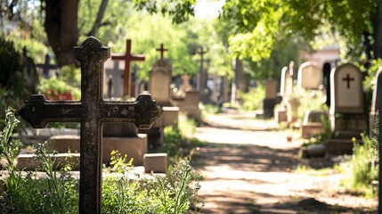 Madrid, Spain; 6th June 2021: Crosses in the foreground and tombstones in the background of the old cemetery of San Isidro in Madrid, Spain. generative ai