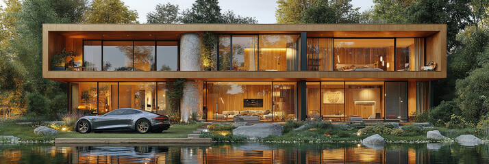 Poster - Modern home with large windows overlooking a pond.