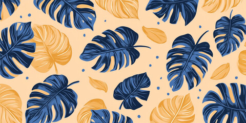 Wall Mural - Modern Tropical Leaf Pattern with Blue and Gold Monstera and Palm Leaves on a Beige Background, Ideal for Interior Design, Fabric, and Wallpaper