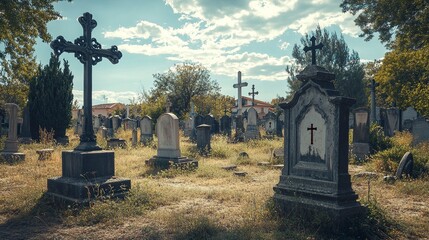 Madrid, Spain; 6th June 2021: Crosses in the foreground and tombstones in the background of the old cemetery of San Isidro in Madrid, Spain. generative ai