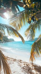 Wall Mural - Sunlit tropical beach framed by palm leaves with serene ocean view