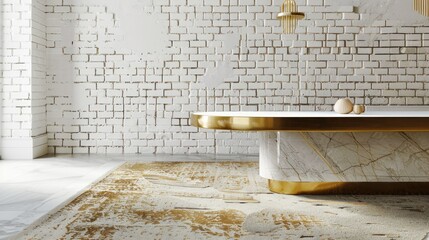 Wall Mural - Modern close-up carpet with gold accents in front of white brick wall.