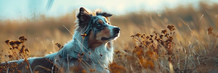 Canvas Print - Alert blue merle Australian Shepherd dog in a windy meadow