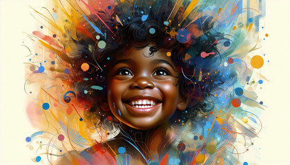 Child kid girl black skin tone happy smiling within an abstract colorful background, wonder and joy motif, wallpaper illustration background