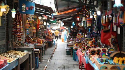 Wall Mural - Rows of colorful souvenir stalls with umbrellas selling trinkets to tourists on a sunny day.