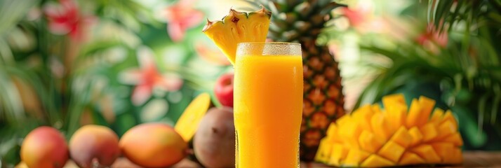 Wall Mural - Refreshing glass of tropical fruit juice on a surface