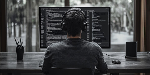 A man in headphones works on a computer, concentrating on the code on the screen.