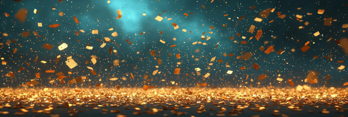 Golden confetti falls against a teal background.