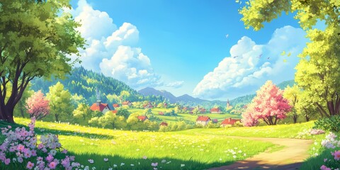 A lively cartoonstyle illustration of a vibrant spring landscape with lush grass, colorful flowers, and a bright blue sky, creating a cheerful scene that captures the essence of the season