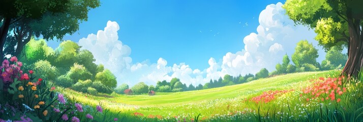 Imagine a vibrant cartoonstyle spring scene with lush green grass, colorful flowers, and a clear blue sky, creating a joyful atmosphere that celebrates natures enchanting beauty