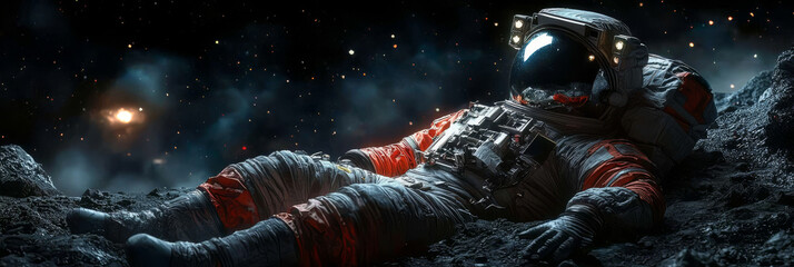 Wall Mural - An astronaut lays on a rocky surface, gazing up at a starry sky.