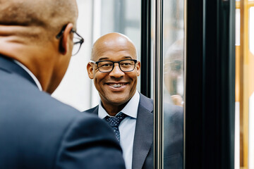 Businessman smiles at reflection in elevator