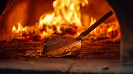 a traditional oven that bakes and cooks pizza with a shovel. Wood in the oven being burned. oven that burns wood. an image of a pizza oven burning bricks