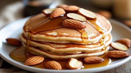 Almond Pancakes: Artfully arranged to highlight the wholesome, nutty flavor of the almonds, these pancakes are light and fluffy and topped with almond slices and syrup.