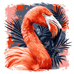 Poster - Flamingo with palm leaves and grunge background. Vector illustration.