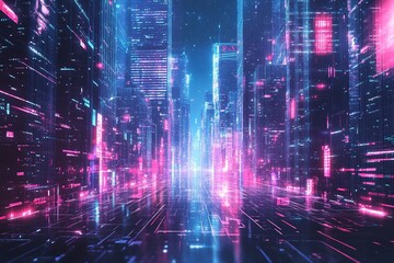 Panoramic urban architecture, cityscape with space and neon light effects. Modern hi-tech, science, futuristic technology concept. generative ai