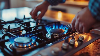 A technician is seen working on a gas stove up close. Kitchen appliance repair