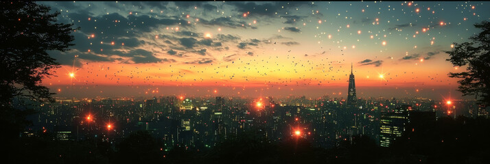 Sticker - A cityscape at sunset with a glowing sky and many twinkling lights.