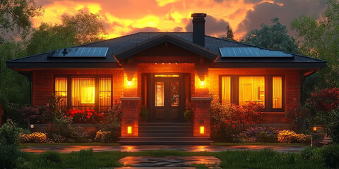 Poster - Brick house with solar panels on the roof glowing warmly in the twilight.