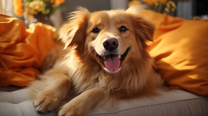 happy golden retriever dog is lying on a cozy sofa in a modern living room