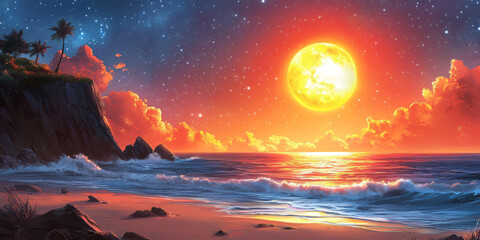 Poster - A large, glowing moon hangs over the ocean at sunset, creating a dramatic and colorful scene.