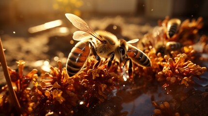 Honey bees swarming and flying around their beehive in the morning.