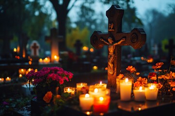 TARNOW, POLAND - NOVEMBER 01, 2017: Candles on the grave glowing in the dark around cross-relief. All Saints Day festival celebrated on a rainy day at the Old Cemetery, generative ai