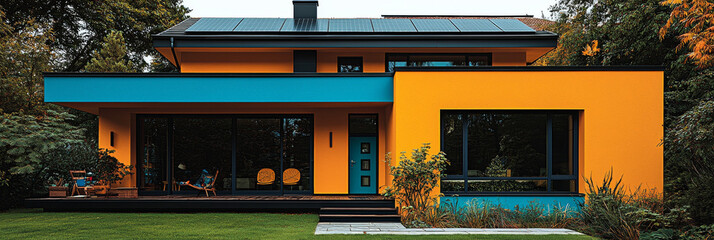 Modern home with a bright yellow and blue exterior.