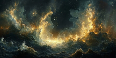 Wall Mural - A cosmic ocean, swirling with gold and teal.