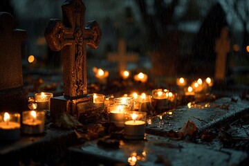 TARNOW, POLAND - NOVEMBER 01, 2017: Candles on the grave glowing in the dark around cross-relief. All Saints Day festival celebrated on a rainy day at the Old Cemetery, generative ai