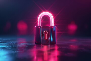Fototapete - A glowing padlock symbolizing security and protection rendered in neon style against a dark background, emphasizing modern digital safety concepts