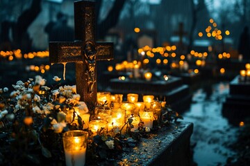 Wall Mural - TARNOW, POLAND - NOVEMBER 01, 2017: Candles on the grave glowing in the dark around cross-relief. All Saints Day festival celebrated on a rainy day at the Old Cemetery, generative ai