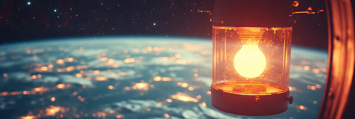 Wall Mural - A glowing lightbulb in a lantern hangs against a backdrop of a blurred Earth and stars.